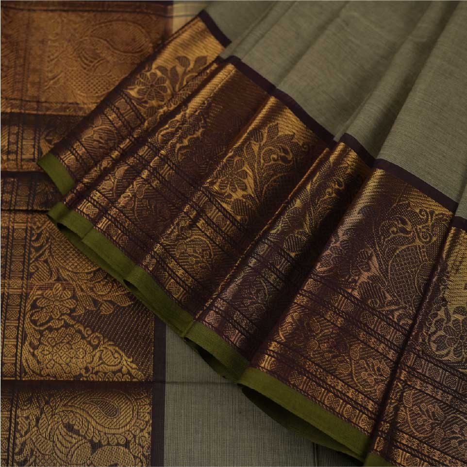 Handloom Cotton Saree With Golden Jerry | Golden & Olive Green