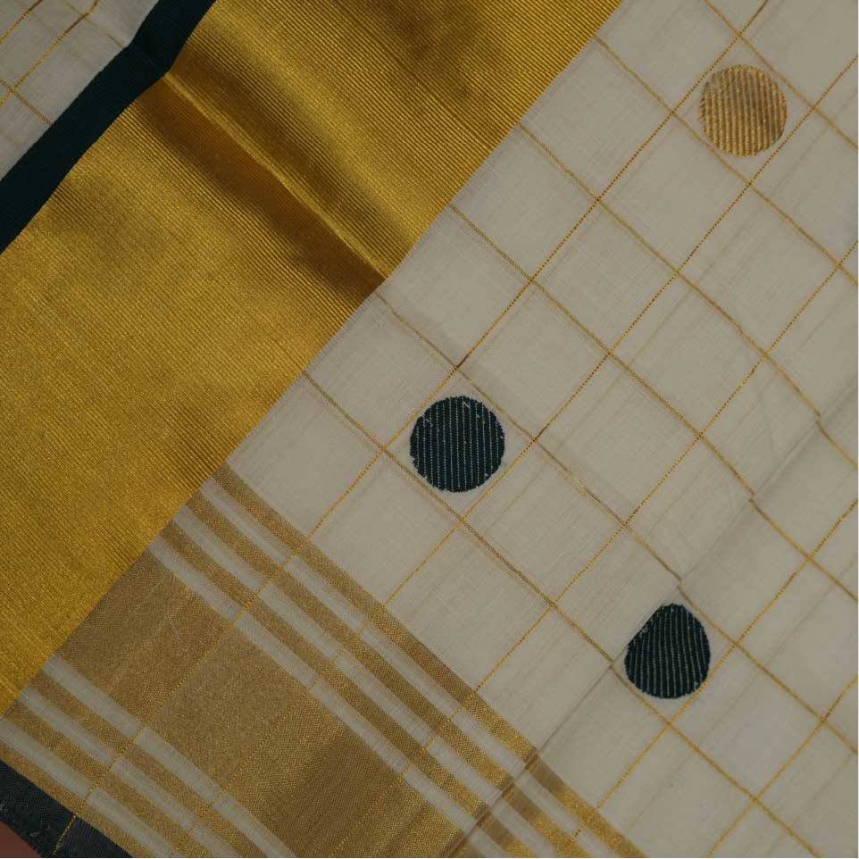 Handloom Cotton Check Saree with Green and Golden Polka