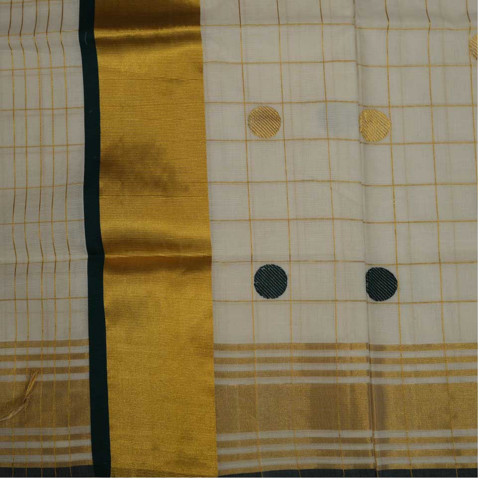 Handloom Cotton Check Saree with Green and Golden Polka