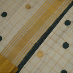 Handloom Cotton Check Saree with Green and Golden Polka