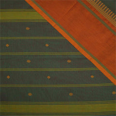 Handloom Cotton Saree with Thread Work | Green & Orange