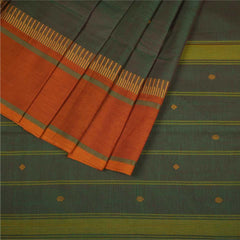 Handloom Cotton Saree with Thread Work | Green & Orange